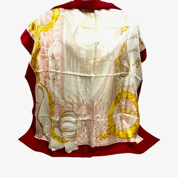 Vintage Celine Paris 100% Silk Scarf Satin 34" Beige Gold Chain Red trim (35) - Picture 5 of 15